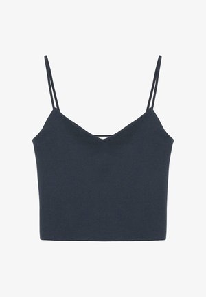 Haut court noir style camisole avec fines bretelles doubles et décolleté en V sur fond blanc.