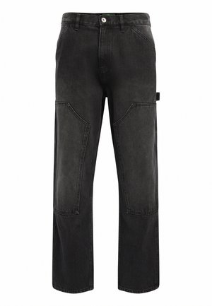 Pantalons cargo en denim noir avec une coupe ample, comportant deux grandes poches plaquées à l'avant, une fermeture à bouton et des passants de ceinture.