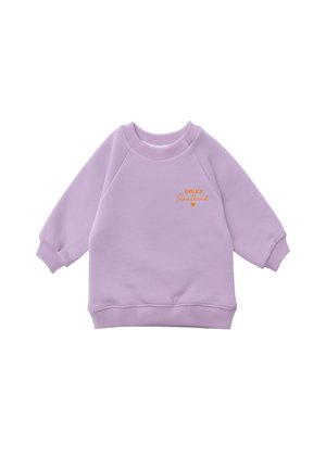 Fliederfarbener Langarm-Sweatshirt für Kleinkinder mit gerippten Bündchen und Saum, mit kleinem orangem Text und Herz auf der Brust mit dem Schriftzug "Endlich Schulkind."