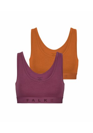 Dwa sportowe biustonosze bez rękawów, jeden fioletowy z przodu z napisem „FALKE” na taśmie, drugi pomarańczowy z tyłu, oba z dekoltem typu scoop.
