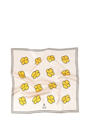 Silk scarf featuring a light cream background with a repeating pattern of yellow flowers outlined in black, finished with a black border.