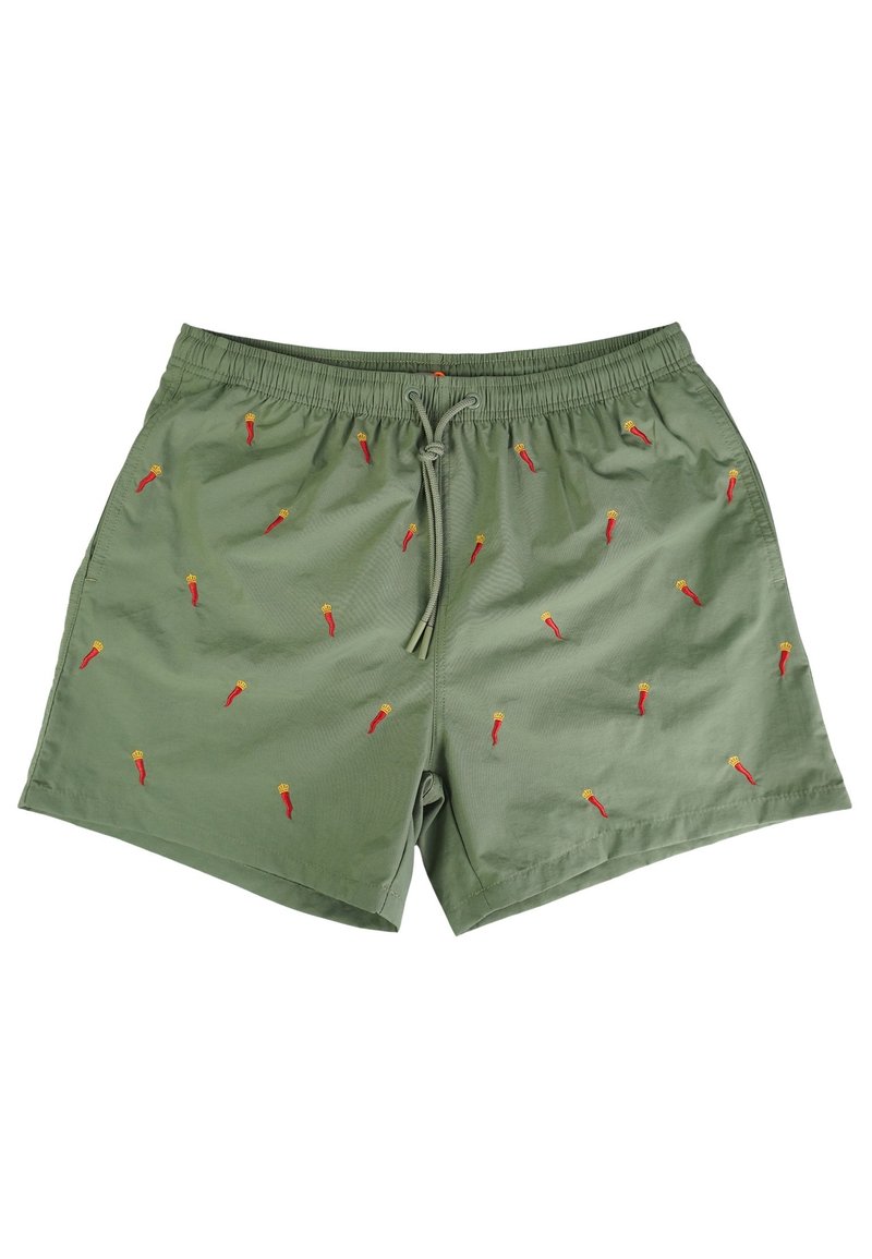 Pantaloncini da bagno verdi con vita elastica e cordoncino; presentano ricami di peperoncini rossi e gialli su tutta la superficie.