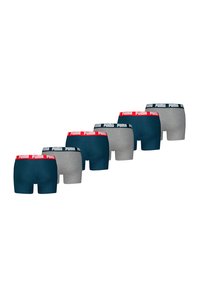 Puma Boxershorts im 5er-Set: zwei in Marineblau mit roten Bündchen, zwei in Grau mit schwarzen Bündchen und ein einfarbiges Grau. Weicher Stoff, figurbetontes Design.