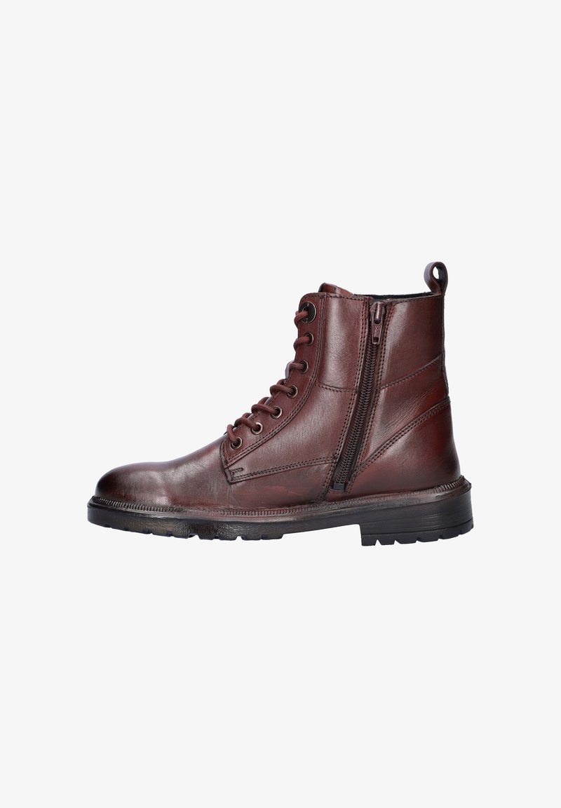 Bruine leren enkelboots met vetersluiting aan de voorkant, een rits aan de zijkant en een gestructureerde rubberen zool. Het ontwerp bevat een lus aan de achterkant.