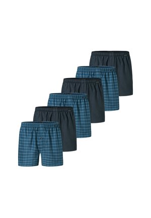 Pack mit sechs Paar Herrenboxershorts in dunkelblauen und türkisfarbenen karierten Mustern, ausgestattet mit elastischen Taillenbünden und einem bequemen, lockeren Schnitt.