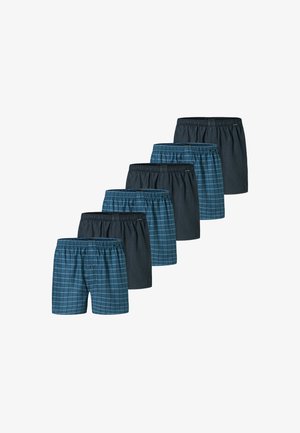 Confezione di sei paia di boxer da uomo con fantasie a quadri blu scuro e verde teal, dotati di cinturini elastici e di una vestibilità comoda e ampia.