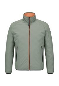 Hellgrüne Jacke mit hohem Kragen, orangefarbenem Innenfutter, schwarzem Reißverschluss und Taschen sowie elastischen Bündchen. Glatte Textur, minimalistisches Design.