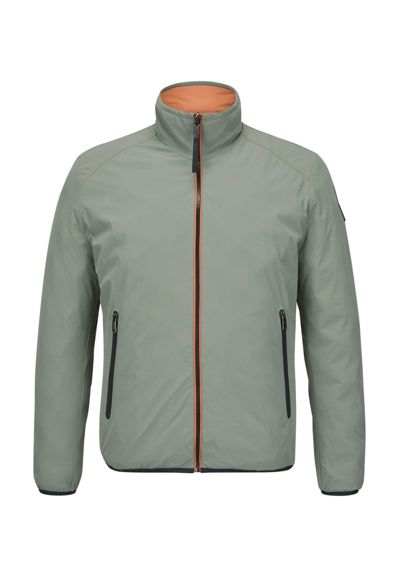 Hellgrüne Jacke mit hohem Kragen, orangefarbenem Innenfutter, schwarzem Reißverschluss und Taschen sowie elastischen Bündchen. Glatte Textur, minimalistisches Design.