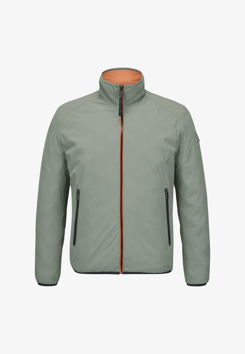 Hellgrüne Jacke mit hohem Kragen, orangefarbenem Innenfutter, schwarzem Reißverschluss und Taschen sowie elastischen Bündchen. Glatte Textur, minimalistisches Design.