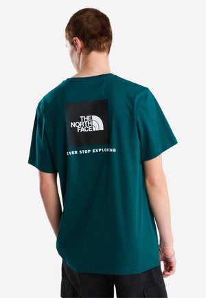 Person mit kurzen Haaren, die ein türkisfarbenes T-Shirt mit dem The North Face-Logo und dem Text "Never Stop Exploring" auf dem Rücken trägt, steht mit dem Rücken zur Kamera.