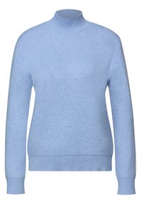 Jasnoniebieski sweter z prążkowanym golfem, długimi rękawami oraz prążkowanymi mankietami i dołem. Wykonany z miękkiej, teksturowanej tkaniny.