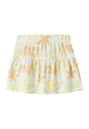 Falda blanca con cinturilla elástica, con patrones abstractos de hojas y arcoíris en tonos pastel amarillo y naranja.