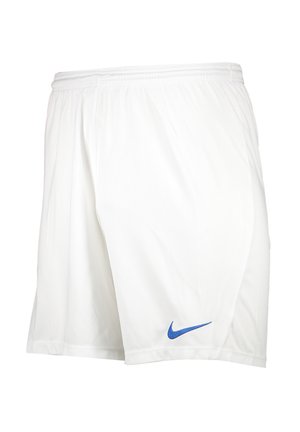 Pantaloni sportivi bianchi realizzati in tessuto leggero, con una vita elastica e un logo Nike swoosh blu sulla gamba sinistra.