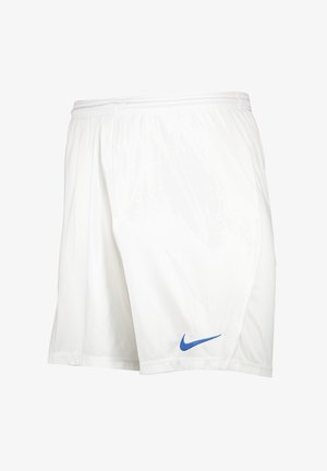 Weiße Sportshorts aus leichtem Material mit einem elastischen Bund und einem blauen Nike-Swoosh-Logo am linken Bein.