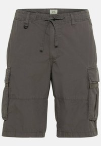 Shorts cargo gris foncé avec taille à cordon, deux poches latérales à rabat et passants de ceinture, fabriqués en tissu léger.