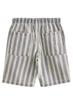 Raidalliset shortsit, joissa on joustava vyötärönauha. Sinivalkoiset pystysuorat raidat ja kaksi suurta takataskua. Kankaan pinta näyttää teksturoidulta.