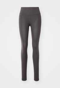Gray leggings made from a stretchy material, featuring a high waistband, smooth texture, and a form-fitting design.