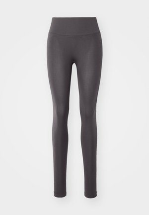 Gray leggings made from a stretchy material, featuring a high waistband, smooth texture, and a form-fitting design.
