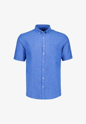Blauw overhemd met korte mouwen, knoopsluiting, een button-down kraag en een borstzak aan de linkerkant.