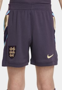 Pantaloni sportivi viola con finitura testurizzata, dotati di un logo Nike dorato, di un ricamo con uno stemma e di accenti laterali multicolori.