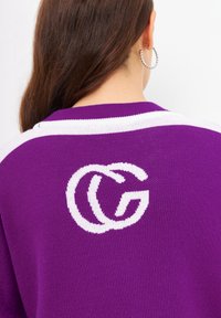 Pull violet avec une rayure blanche au col, arborant un design de logo blanc au dos. Le tissu semble tricoté et lisse.