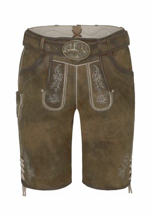 Bruine leren korte broeken met geborduurde bloemenontwerpen, een decoratieve speld en zijveters voor een verstelbare pasvorm.