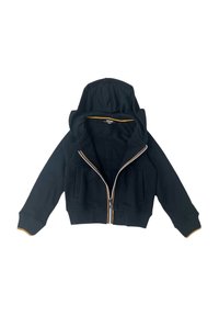 Felpa nera con zip e cappuccio, dotata di polsini a coste, due tasche frontali e accenti giallo-arancione lungo la zip e l'orlo.