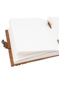 Leather-bound notebook with blank white pages, secured with a leather tie, featuring metal hardware accents and a textured brown cover.