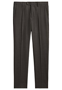 Pantaloni su misura grigio carbone con chiusura a bottone e tasche laterali, mostrati in vista frontale completa su uno sfondo bianco.