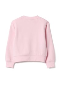 Sweat-shirt court rose à manches longues, conçu en tissu doux. Il présente un col arrondi ainsi que des poignets et un ourlet côtelés.