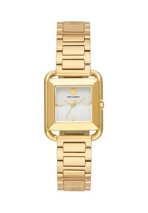 Montre-bracelet carrée ton or avec cadran blanc, marqueurs horaires minimalistes et logo Tory Burch sous 12 heures, bracelet métallique à maillons.