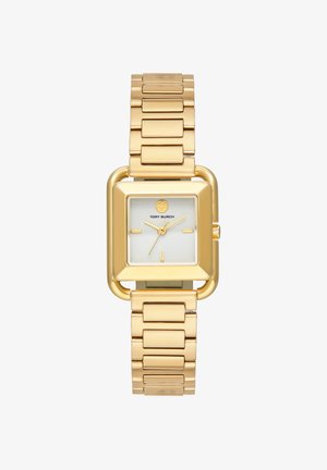 Gold-tone square wristwatch with white face, minimal hour markers, and Tory Burch logo below 12 o'clock, linked metal band.