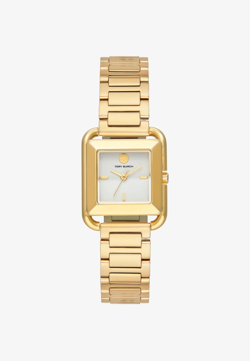 Gold-tone square wristwatch with white face, minimal hour markers, and Tory Burch logo below 12 o'clock, linked metal band.