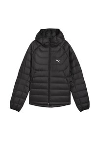 Giubbotto a vento nero con cappuccio, caratterizzato da una texture trapuntata, zip completa e un logo bianco sul lato sinistro del petto. Realizzato in materiale leggero.
