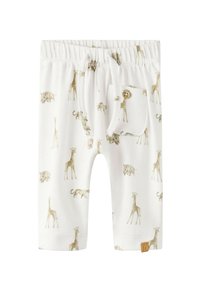 Shorts en coton blanc avec imprimé animalier, comprenant des girafes et d'autres animaux. Taille élastique, cordon de serrage et poche avant avec bouton.