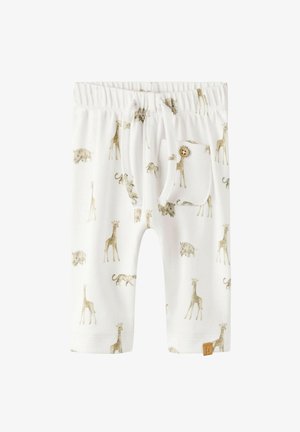 Valged puuvillased lühikesed püksid loomamustriga, millel on kaelkirjakud ja teised loomad. Elastne vöökoht, pael ja esitasku nupuga.