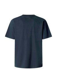 Tumši zilas krāsas kokvilnas T-krekls ar noapaļotu kakla izgriezumu, īsām piedurknēm un taisnu apakšmalu. Gluda tekstūra, nav redzamu rakstu vai akcentu.