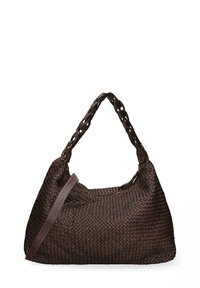 Bruine geweven handtas met een textuurovervlak, voorzien van een gevlochten draagriem en een afneembare leren schouderband. Rond ontwerp, ruime indeling.