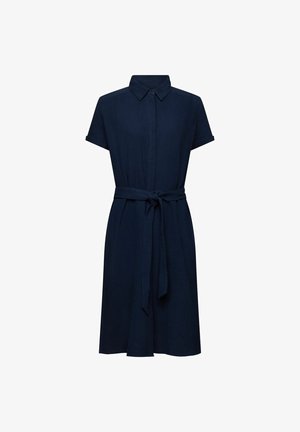 Tummansininen lyhythihainen hetki mekko kauluksella ja solmittavalla vyöllä, polvipituinen, yksinkertainen tekstuurikangas.