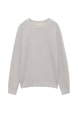 Maglione grigio chiaro a maniche lunghe con scollatura rotonda, texture a coste e vestibilità relax. Presenta maniche raglan e orlo dritto.