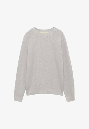 Maglione grigio chiaro a maniche lunghe con scollatura rotonda, texture a coste e vestibilità relax. Presenta maniche raglan e orlo dritto.