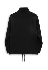 Pullover nero con colletto alto, maniche lunghe e orlo regolabile con cordino. Texture liscia, design minimalista senza motivi o accenti visibili.