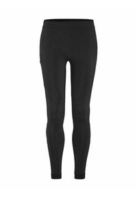 Schwarze Leggings aus dehnbarem Stoff; eng anliegend mit glatter Textur. Verfügt über einen Bund und Knöchelabschlüsse, die für Komfort und Beweglichkeit sorgen.