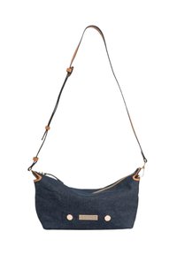 Sac bandoulière en daim bleu marine avec un design courbé, fermeture éclair dorée et accents métalliques décoratifs à l'avant. Comprend une bandoulière réglable.