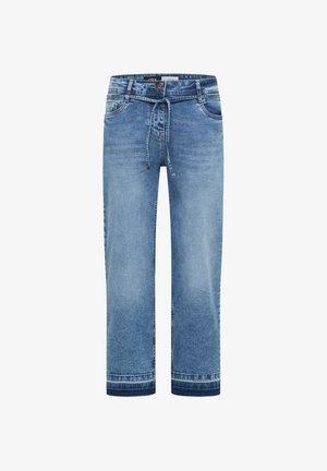 Jean denim bleu à jambes droites avec taille à cordon, fermeture à boutons et poches avant, présentant un effet délavé.