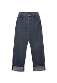 Jeans in denim grigio scuro con taglio dritto, caratterizzati da orli arrotolati, due tasche anteriori e chiusura con zip.