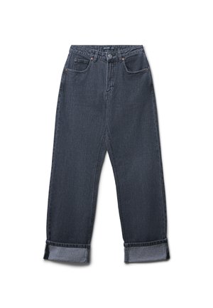 Jeans in denim grigio scuro con taglio dritto, caratterizzati da orli arrotolati, due tasche anteriori e chiusura con zip.