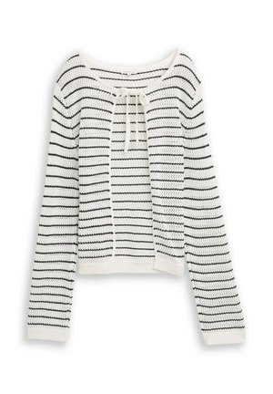 Weißer Strickcardigan mit schwarzen horizontalen Streifen, langen Ärmeln, rundem Ausschnitt und einer vorderen Bindung.