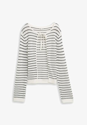 Weißer Strickcardigan mit schwarzen horizontalen Streifen, langen Ärmeln, rundem Ausschnitt und einer vorderen Bindung.