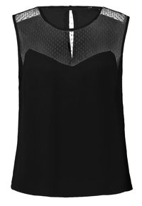 Haut sans manches noir avec un empiècement en dentelle transparent et un décolleté en V avec une fermeture en œillet au dos. Corps en tissu lisse.